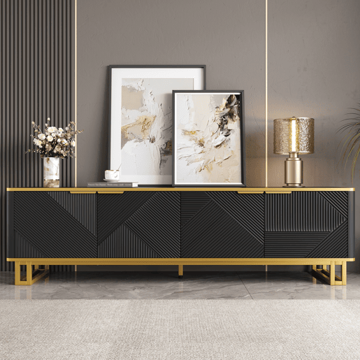 Móvel de TV 160x37,5 cm - 4 portas, design geométrico, baixo - Preto