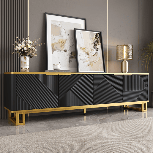 Móvel de TV 160x37,5 cm - 4 portas, design geométrico, baixo - Preto