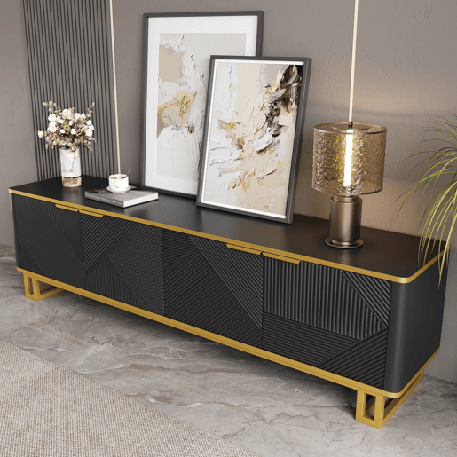 Móvel de TV 160x37,5 cm - 4 portas, design geométrico, baixo - Preto