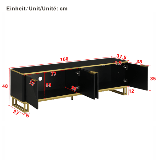 Móvel de TV 160x37,5 cm - 4 portas, design geométrico, baixo - Preto