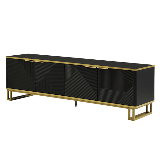 Móvel de TV 160x37,5 cm - 4 portas, design geométrico, baixo - Preto
