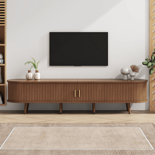 Móvel de TV 175x40x42 cm - Com arrumação e portas telescópicas - Nogueira Móvel de TV 175x40x42 cm - Com arrumação e portas telescópicas - Nogueira