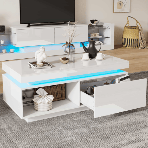 Conjunto de móveis para TV com alto brilho - Móvel para TV + mesa de sala, conjunto para parede da sala, móvel para TV com alto brilho, branco Conjunto de móveis para TV com alto brilho - Móvel para TV + mesa de sala, conjunto para parede da sala, móvel para TV com alto brilho, branco