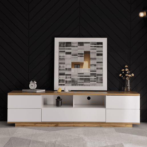 Móvel de TV moderno 180 cm - Design bicolor, acabamento em madeira - Branco Móvel de TV moderno 180 cm - Design bicolor, acabamento em madeira - Branco