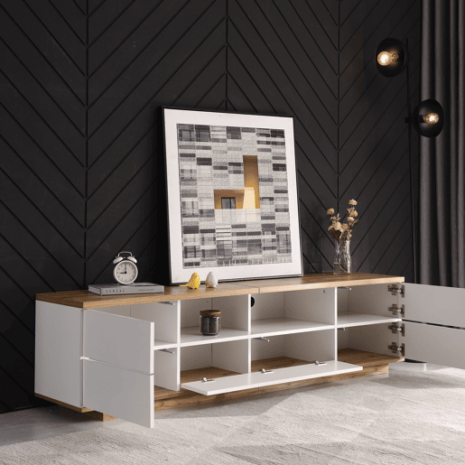 Móvel de TV moderno 180 cm - Design bicolor, acabamento em madeira - Branco Móvel de TV moderno 180 cm - Design bicolor, acabamento em madeira - Branco