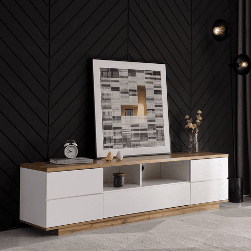 Móvel de TV moderno 180 cm - Design bicolor, acabamento em madeira - Branco Móvel de TV moderno 180 cm - Design bicolor, acabamento em madeira - Branco