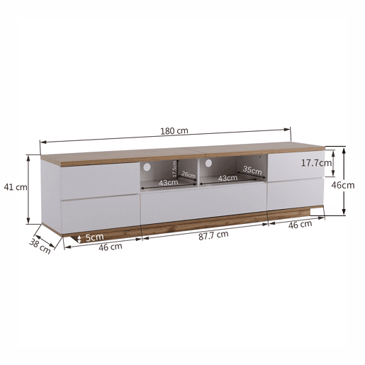 Móvel de TV moderno 180 cm - Design bicolor, acabamento em madeira - Branco Móvel de TV moderno 180 cm - Design bicolor, acabamento em madeira - Branco