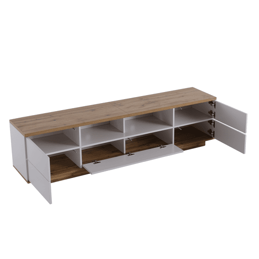 Móvel de TV moderno 180 cm - Design bicolor, acabamento em madeira - Branco Móvel de TV moderno 180 cm - Design bicolor, acabamento em madeira - Branco