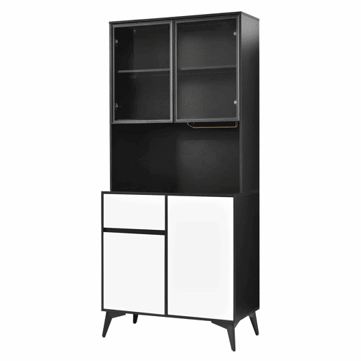 Armário alto tipo vitrina - design a preto e branco com iluminação LED integrada e prateleiras de vidro - preto e branco Armário alto tipo vitrina - design a preto e branco com iluminação LED integrada e prateleiras de vidro - preto e branco