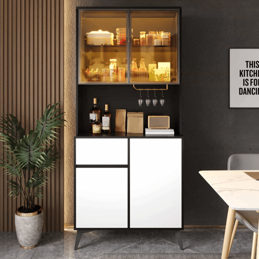 Armário alto tipo vitrina - design a preto e branco com iluminação LED integrada e prateleiras de vidro - preto e branco Armário alto tipo vitrina - design a preto e branco com iluminação LED integrada e prateleiras de vidro - preto e branco