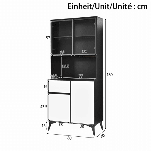 Armário alto tipo vitrina - design a preto e branco com iluminação LED integrada e prateleiras de vidro - preto e branco Armário alto tipo vitrina - design a preto e branco com iluminação LED integrada e prateleiras de vidro - preto e branco