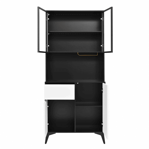 Armário alto tipo vitrina - design a preto e branco com iluminação LED integrada e prateleiras de vidro - preto e branco Armário alto tipo vitrina - design a preto e branco com iluminação LED integrada e prateleiras de vidro - preto e branco