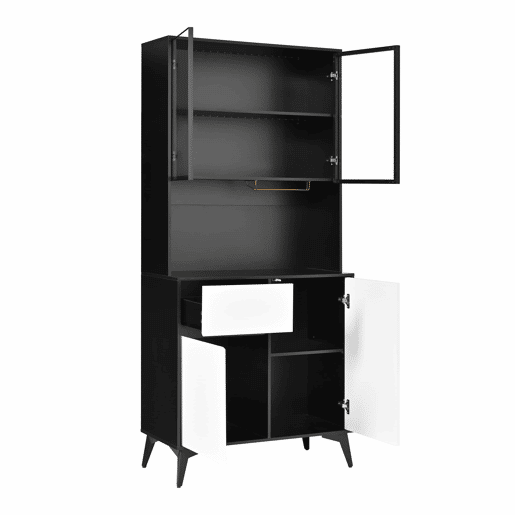 Armário alto tipo vitrina - design a preto e branco com iluminação LED integrada e prateleiras de vidro - preto e branco Armário alto tipo vitrina - design a preto e branco com iluminação LED integrada e prateleiras de vidro - preto e branco