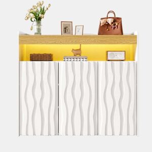 Armário para sapatos 105 x 90,5 x 35 cm u2013 com iluminação LED, 3 portas, design ondulado, prateleira aberta e prateleiras ajustáveis u2013 Branco + Natural