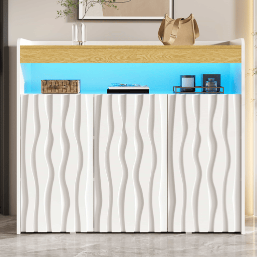 Armário para sapatos 105 x 90,5 x 35 cm u2013 com iluminação LED, 3 portas, design ondulado, prateleira aberta e prateleiras ajustáveis u2013 Branco + Natural Armário para sapatos 105 x 90,5 x 35 cm u2013 com iluminação LED, 3 portas, design ondulado, prateleira aberta e prateleiras ajustáveis u2013 Branco + Natural