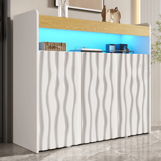 Armário para sapatos 105 x 90,5 x 35 cm u2013 com iluminação LED, 3 portas, design ondulado, prateleira aberta e prateleiras ajustáveis u2013 Branco + Natural Armário para sapatos 105 x 90,5 x 35 cm u2013 com iluminação LED, 3 portas, design ondulado, prateleira aberta e prateleiras ajustáveis u2013 Branco + Natural