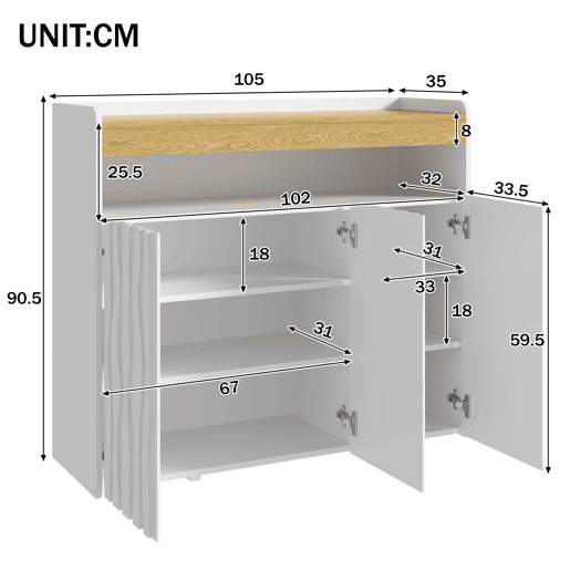 Armário para sapatos 105 x 90,5 x 35 cm u2013 com iluminação LED, 3 portas, design ondulado, prateleira aberta e prateleiras ajustáveis u2013 Branco + Natural Armário para sapatos 105 x 90,5 x 35 cm u2013 com iluminação LED, 3 portas, design ondulado, prateleira aberta e prateleiras ajustáveis u2013 Branco + Natural