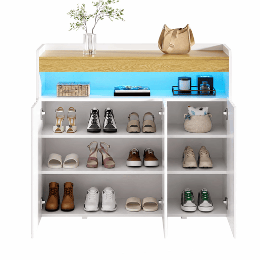 Armário para sapatos 105 x 90,5 x 35 cm u2013 com iluminação LED, 3 portas, design ondulado, prateleira aberta e prateleiras ajustáveis u2013 Branco + Natural Armário para sapatos 105 x 90,5 x 35 cm u2013 com iluminação LED, 3 portas, design ondulado, prateleira aberta e prateleiras ajustáveis u2013 Branco + Natural