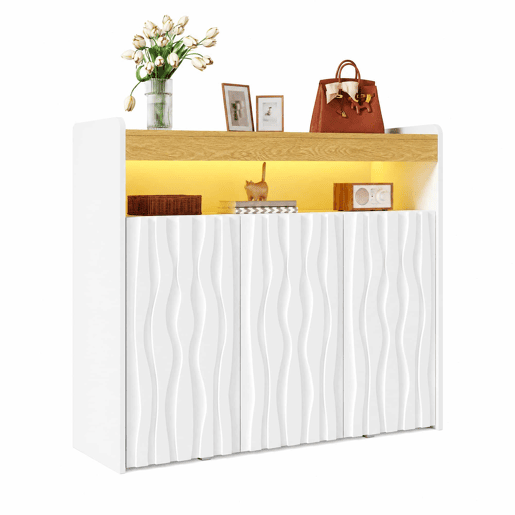 Armário para sapatos 105 x 90,5 x 35 cm u2013 com iluminação LED, 3 portas, design ondulado, prateleira aberta e prateleiras ajustáveis u2013 Branco + Natural Armário para sapatos 105 x 90,5 x 35 cm u2013 com iluminação LED, 3 portas, design ondulado, prateleira aberta e prateleiras ajustáveis u2013 Branco + Natural