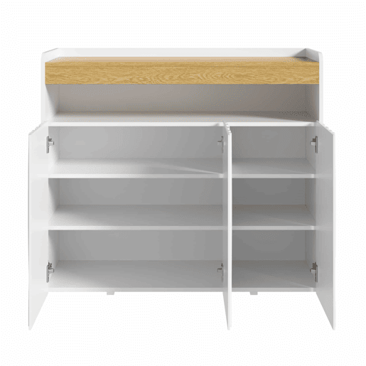 Armário para sapatos 105 x 90,5 x 35 cm u2013 com iluminação LED, 3 portas, design ondulado, prateleira aberta e prateleiras ajustáveis u2013 Branco + Natural Armário para sapatos 105 x 90,5 x 35 cm u2013 com iluminação LED, 3 portas, design ondulado, prateleira aberta e prateleiras ajustáveis u2013 Branco + Natural