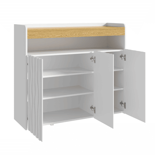 Armário para sapatos 105 x 90,5 x 35 cm u2013 com iluminação LED, 3 portas, design ondulado, prateleira aberta e prateleiras ajustáveis u2013 Branco + Natural Armário para sapatos 105 x 90,5 x 35 cm u2013 com iluminação LED, 3 portas, design ondulado, prateleira aberta e prateleiras ajustáveis u2013 Branco + Natural