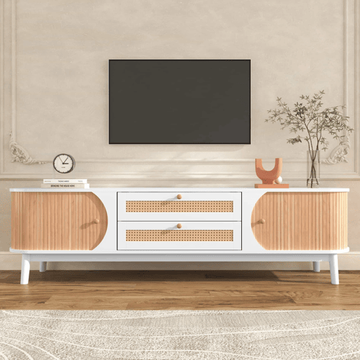 Suporte para TV em madeira maciça e rotim 170 cm - 2 gavetas e 2 portas - estilo rústico - natural Suporte para TV em madeira maciça e rotim 170 cm - 2 gavetas e 2 portas - estilo rústico - natural