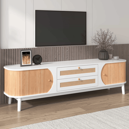 Suporte para TV em madeira maciça e rotim 170 cm - 2 gavetas e 2 portas - estilo rústico - natural Suporte para TV em madeira maciça e rotim 170 cm - 2 gavetas e 2 portas - estilo rústico - natural