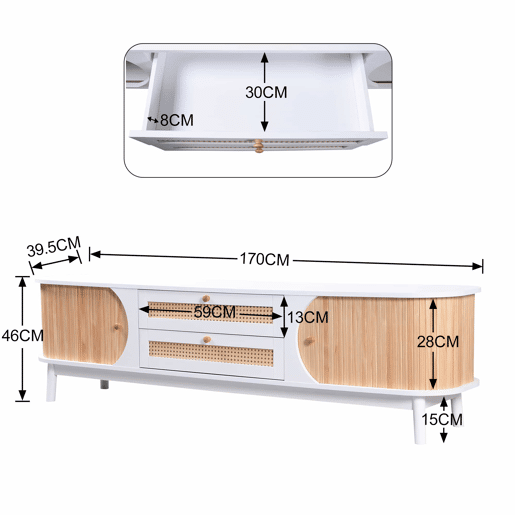 Suporte para TV em madeira maciça e rotim 170 cm - 2 gavetas e 2 portas - estilo rústico - natural Suporte para TV em madeira maciça e rotim 170 cm - 2 gavetas e 2 portas - estilo rústico - natural