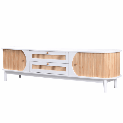 Suporte para TV em madeira maciça e rotim 170 cm - 2 gavetas e 2 portas - estilo rústico - natural Suporte para TV em madeira maciça e rotim 170 cm - 2 gavetas e 2 portas - estilo rústico - natural