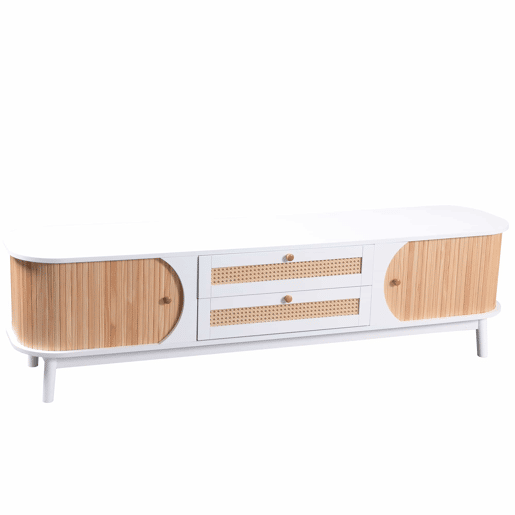 Suporte para TV em madeira maciça e rotim 170 cm - 2 gavetas e 2 portas - estilo rústico - natural Suporte para TV em madeira maciça e rotim 170 cm - 2 gavetas e 2 portas - estilo rústico - natural