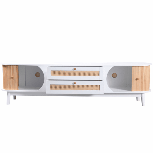 Suporte para TV em madeira maciça e rotim 170 cm - 2 gavetas e 2 portas - estilo rústico - natural Suporte para TV em madeira maciça e rotim 170 cm - 2 gavetas e 2 portas - estilo rústico - natural