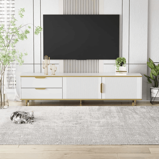 Móvel moderno para televisão - com 2 portas e 2 gavetas - pés metálicos - Branco Móvel moderno para televisão - com 2 portas e 2 gavetas - pés metálicos - Branco