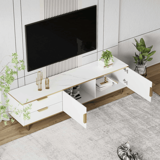 Móvel moderno para televisão - com 2 portas e 2 gavetas - pés metálicos - Branco Móvel moderno para televisão - com 2 portas e 2 gavetas - pés metálicos - Branco