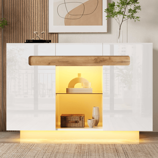 Aparador LED 120 x 40 x 80 cm u2014 com 4 prateleiras, 2 compartimentos abertos, frentes brilhantes u2014 branco e madeira natural Aparador LED 120 x 40 x 80 cm u2014 com 4 prateleiras, 2 compartimentos abertos, frentes brilhantes u2014 branco e madeira natural