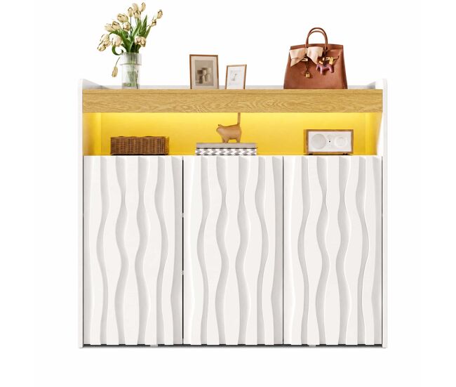 Aparador zapatero 105x90,5x35 cm - con iluminación led, 3 puertas, diseño de ondas, estante abierto y baldas ajustables - blanco+natural