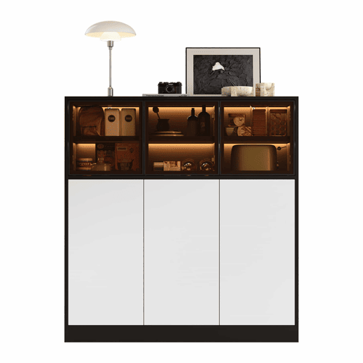 Aparador 100 x 40 x 105 cm - 3 portas de vidro, 3 portas brancas, com iluminação, armário de arrumação multifuncional - Preto e branco Aparador 100 x 40 x 105 cm - 3 portas de vidro, 3 portas brancas, com iluminação, armário de arrumação multifuncional - Preto e branco