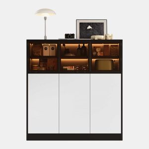 Aparador 100 x 40 x 105 cm - 3 portas de vidro, 3 portas brancas, com iluminação, armário de arrumação multifuncional - Preto e branco