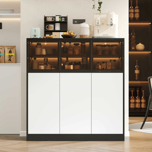 Aparador 100 x 40 x 105 cm - 3 portas de vidro, 3 portas brancas, com iluminação, armário de arrumação multifuncional - Preto e branco Aparador 100 x 40 x 105 cm - 3 portas de vidro, 3 portas brancas, com iluminação, armário de arrumação multifuncional - Preto e branco