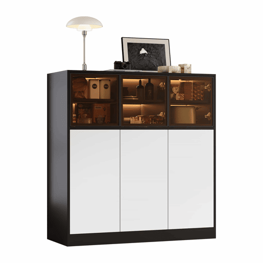 Aparador 100 x 40 x 105 cm - 3 portas de vidro, 3 portas brancas, com iluminação, armário de arrumação multifuncional - Preto e branco Aparador 100 x 40 x 105 cm - 3 portas de vidro, 3 portas brancas, com iluminação, armário de arrumação multifuncional - Preto e branco