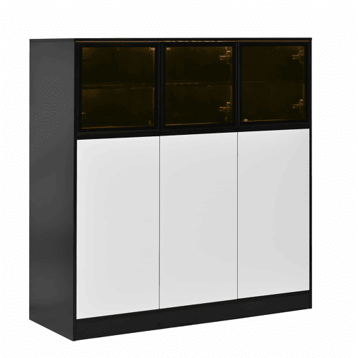 Aparador 100 x 40 x 105 cm - 3 portas de vidro, 3 portas brancas, com iluminação, armário de arrumação multifuncional - Preto e branco Aparador 100 x 40 x 105 cm - 3 portas de vidro, 3 portas brancas, com iluminação, armário de arrumação multifuncional - Preto e branco
