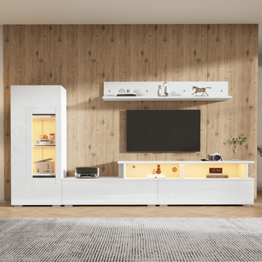 Conjunto de móveis para TV de 3 peças - LED, alto brilho, para sala de estar, TV até 75 - Branco