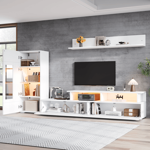 Conjunto de móveis para TV de 3 peças - LED, alto brilho, para sala de estar, TV até 75 - Branco