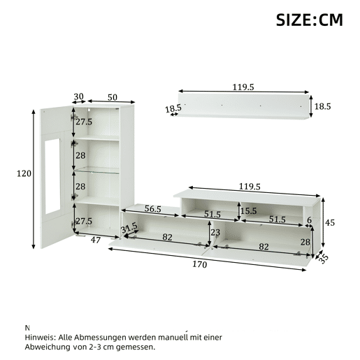 Conjunto de móveis para TV de 3 peças - LED, alto brilho, para sala de estar, TV até 75 - Branco