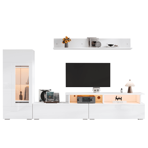 Conjunto de móveis para TV de 3 peças - LED, alto brilho, para sala de estar, TV até 75 - Branco