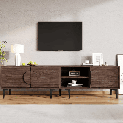 Móvel de TV 180x35x49 cm - com 2 armários, prateleiras abertas e suporte para televisores até 80 polegadas - Carvalho escuro Móvel de TV 180x35x49 cm - com 2 armários, prateleiras abertas e suporte para televisores até 80 polegadas - Carvalho escuro