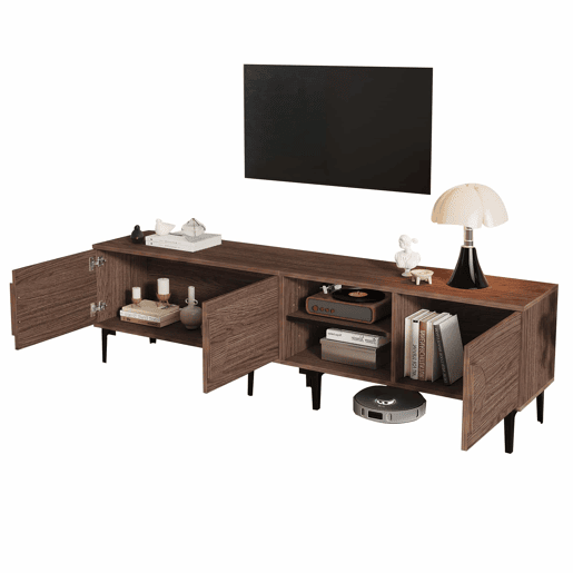 Móvel de TV 180x35x49 cm - com 2 armários, prateleiras abertas e suporte para televisores até 80 polegadas - Carvalho escuro Móvel de TV 180x35x49 cm - com 2 armários, prateleiras abertas e suporte para televisores até 80 polegadas - Carvalho escuro