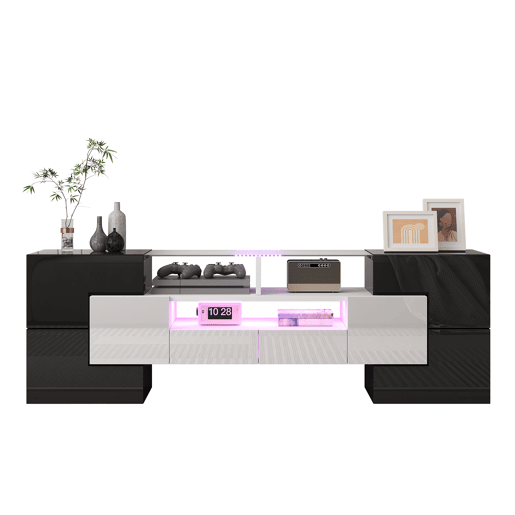 Móvel de TV 145 cm - Design moderno, superfície de vidro elegante, com iluminação LED - Branco+Preto Móvel de TV 145 cm - Design moderno, superfície de vidro elegante, com iluminação LED - Branco+Preto