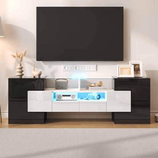 Móvel de TV 145 cm - Design moderno, superfície de vidro elegante, com iluminação LED - Branco+Preto Móvel de TV 145 cm - Design moderno, superfície de vidro elegante, com iluminação LED - Branco+Preto