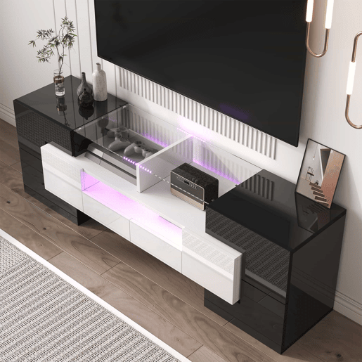 Móvel de TV 145 cm - Design moderno, superfície de vidro elegante, com iluminação LED - Branco+Preto Móvel de TV 145 cm - Design moderno, superfície de vidro elegante, com iluminação LED - Branco+Preto
