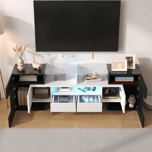 Móvel de TV 145 cm - Design moderno, superfície de vidro elegante, com iluminação LED - Branco+Preto Móvel de TV 145 cm - Design moderno, superfície de vidro elegante, com iluminação LED - Branco+Preto